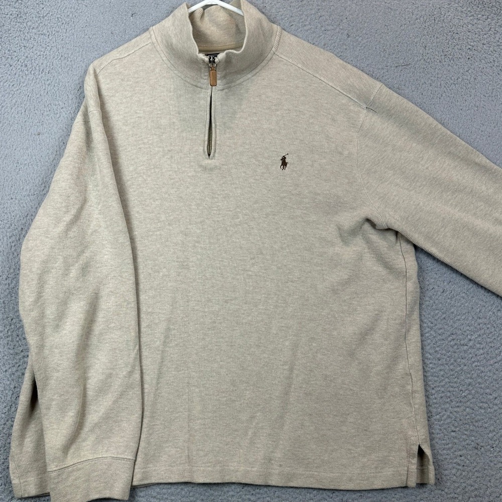 Polo Ralph Lauren Sweater Men XL Quarter-Zip Pullover‎ Beige Ribbed Pony EUC